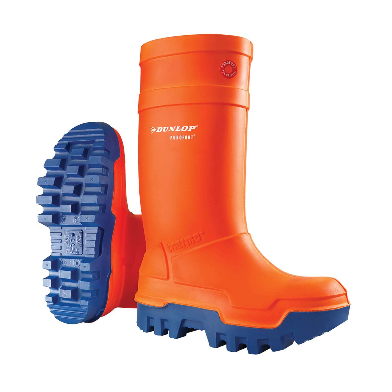 DUNLOP Purofort Thermo+ - Unisex Full Safety Waterproof Work Boots, Orange/Blue, Antistatic and Slip-Resistant Wellies with Steel Toecap for Outdoor, Farm and Industrial Work - EU38, UK5