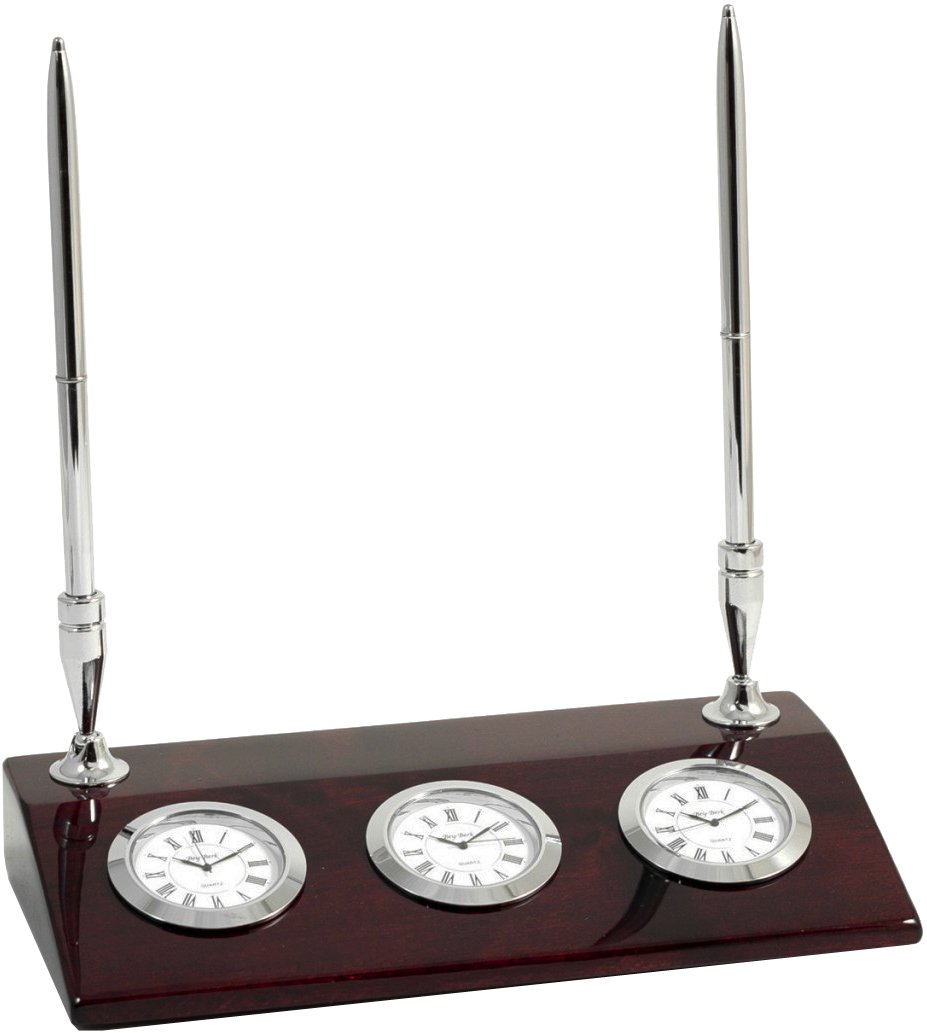 Chrome Three Time Zone Desk Clock w/ Two Pens on Rosewood