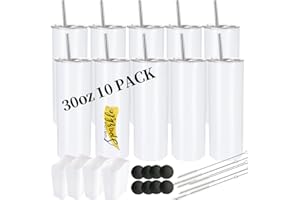 YOUKE OLA 10 Pack Sublimation Tumblers Bulk 30oz - Blanks Straight Skinny Tumbler White Stainless Steel Insulated Sublimation Tumblers Polymer Coating for Heat Transfer with Straws, Lids