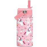 Unicorn Water Bottle for Girls - Kids Water Bottle with Straw Lid - 12 Oz Insulated Stainless Steel Water Bottles for Kid - Travel Cup for School Sports