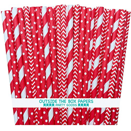 Outside the Box Papers Red Stripe, Chevron and Polka Dot Paper Straws 7.75 Inches 75 Pack Red, White