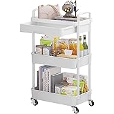 Calmootey 3-Tier Rolling Utility Cart with Drawer,Multifunctional Storage Organizer with Plastic Shelf & Metal Wheels,Storage Cart for Kitchen,Bathroom,Living Room,Office,White