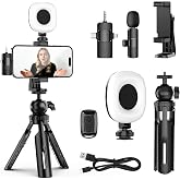 UBeesize Vlogging Kit for iPhone/Android with Wireless Mic, Light &amp; Tripod | Wireless Lavalier Mic, Bluetooth Remote, Phone Clip, Adjustable Height, For Content Creation, YouTube, Instagram, TikTok