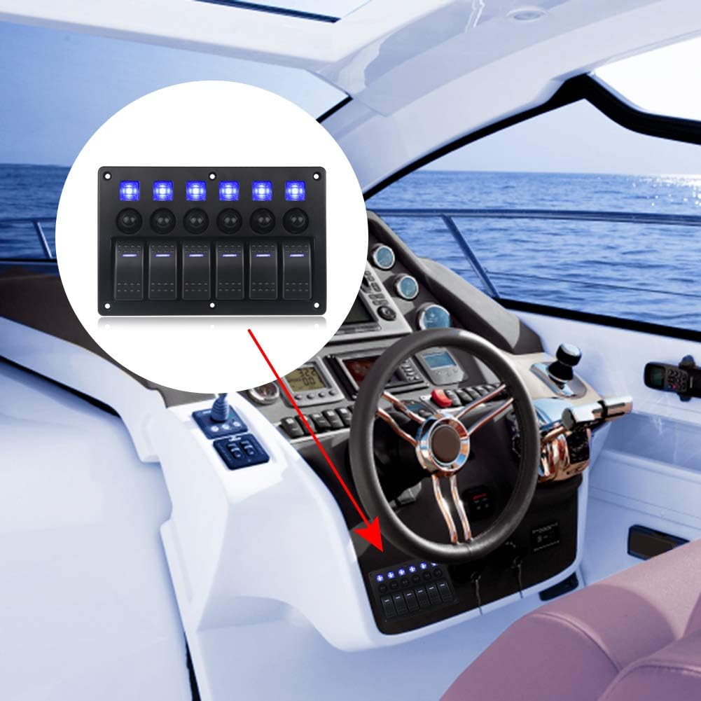 WATERWICH 6 Gang Marine Boat Car ON-Off Ignition Waterproof Toggle Rocker Switch Panel with12V/24V Circuit Breaker LED Voltmeter Car Charger for RV Vehicle Truck (6 Gang Blue) …: Automotive