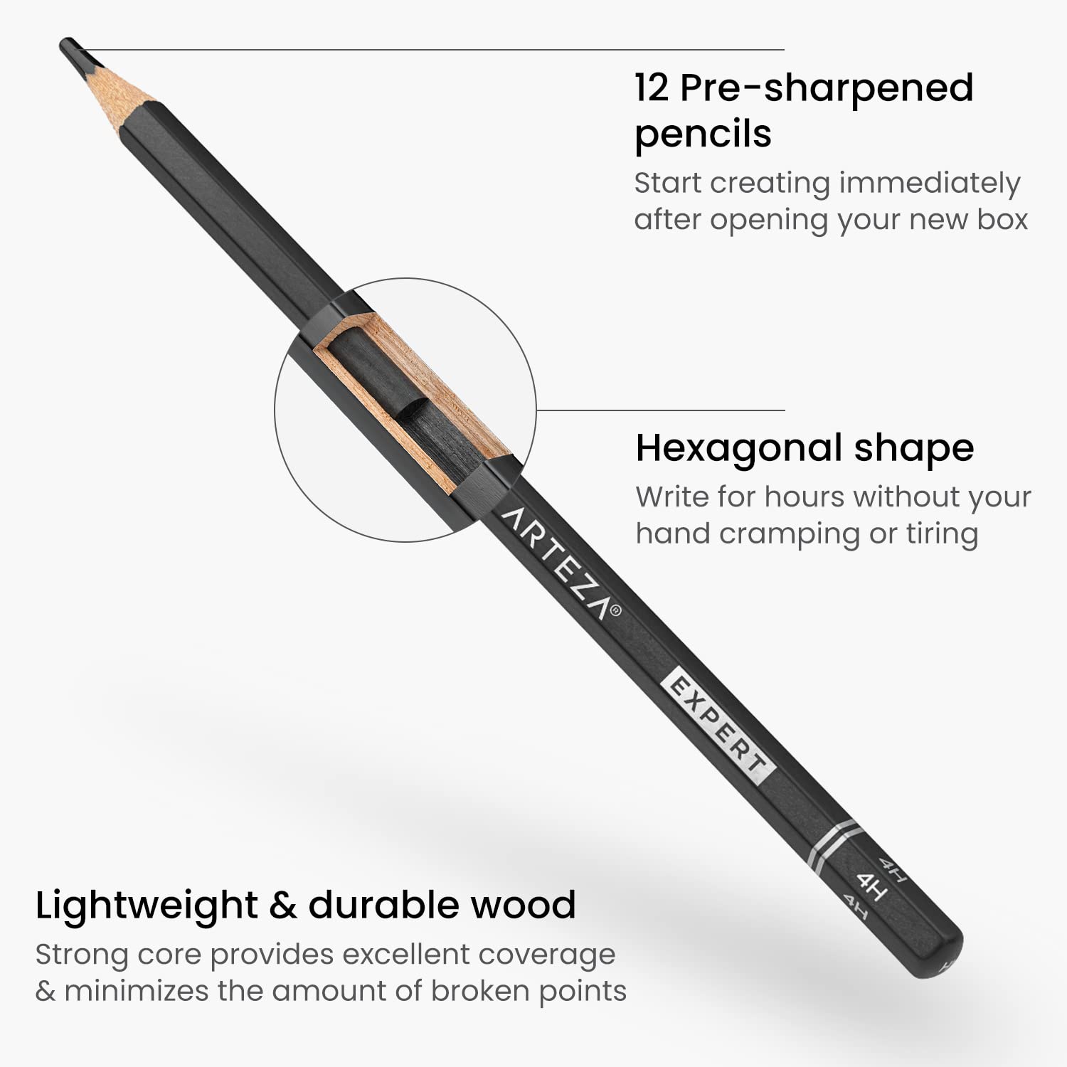 ARTEZA Drawing Sketch Pencils, Set of 12, Medium Hardness (6B - 4H), Graphite Pencils for Sketching and Drawing