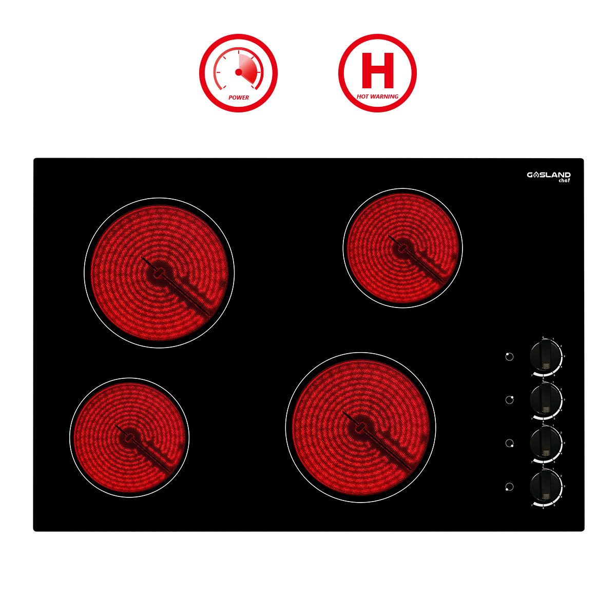 30" Built-in Electric Cooktop, GASLAND Chef CH77BS 240V Ceramic Cooktop, Drop-in 4 Burner Coil Electric Radiant Cooktop, 7 Power Levels, Mechanical Knob Control, Hot Warning, Hardwired