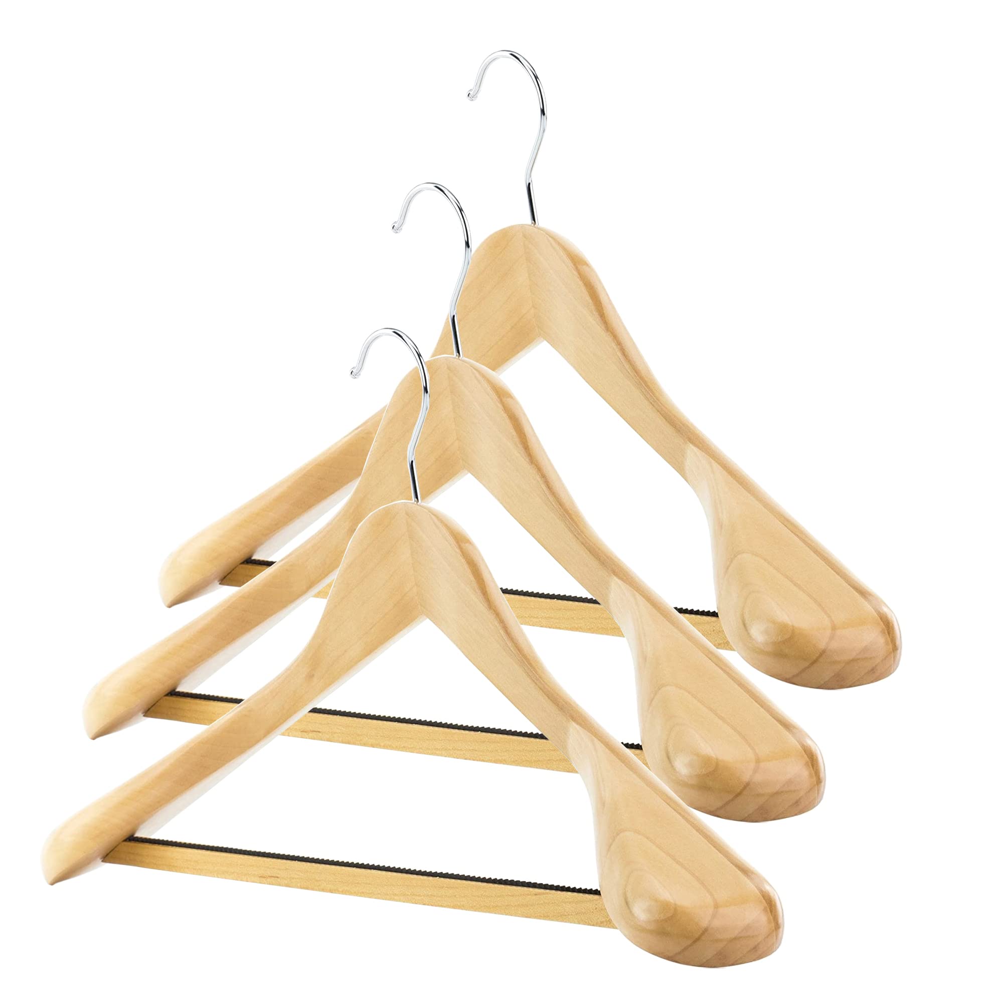 Hangerworld 3 Premium 45cm Natural Wooden Broad Ended Suit Coat Clothes Hangers with Non Slip Inlaid Trouser Bar