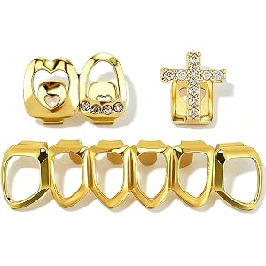 Gold Plated Grillz Set, Open Face Hip Hop Dental Caps, Removable Top and Bottom Grills for Men and Women
