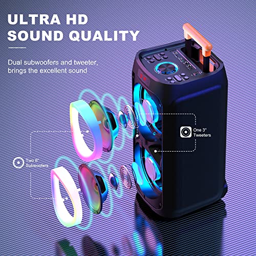 JYX Karaoke Machine for Adults with Dual 8" Subwoofer, 500W Bluetooth 5.3 Big Speaker with 2 UHF Wireless Microphones,DJ Lights PA System Suit TF/USB/AUX/TWS,Rolling Wheels Trolley for Outdoor Party