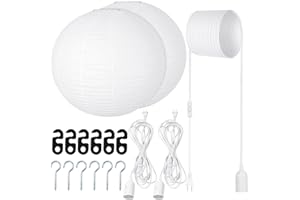 Rossesay 2 Sets Jumbo Paper Lanterns with Lamp Cord Cable White Hanging Paper Lanterns Chinese Japanese Pendant Hanging Lamp for Birthday Wedding Bridal Anniversary Party Decoration (Round,16 Inch)