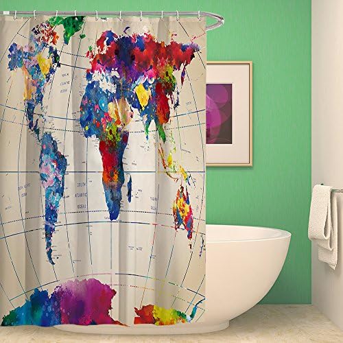 nancy123 Shower Curtain Bathroom Waterproof World Map With 12 Hooks Mildew Resistant