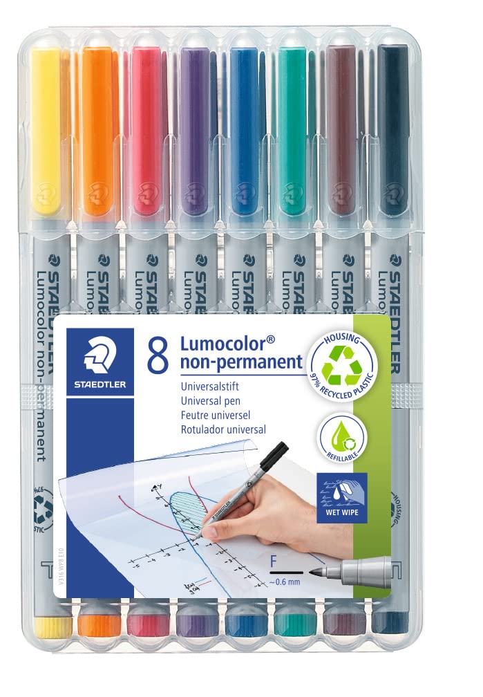 STAEDTLER 316 WP8 Lumocolor Non-Permanent Pen, Fine Line Width, 0.6mm - Assorted Colours (Pack of 8)