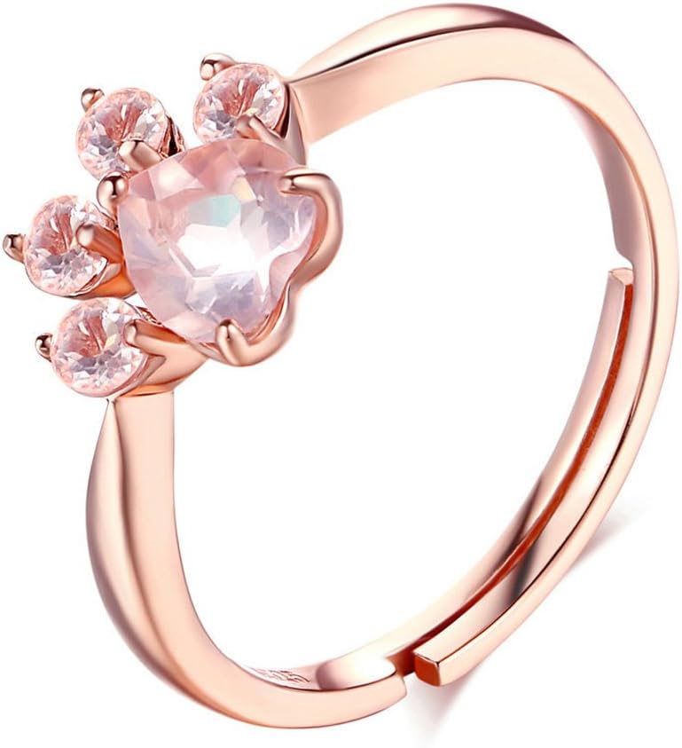 Letone Natural Pink Quartz Ring Cat Paw Pendant Necklace Pet Paw Stud Earrings Statement Jewellery Set in 925 Sterling Silver 18K Rose Gold Plated - Valentine Present