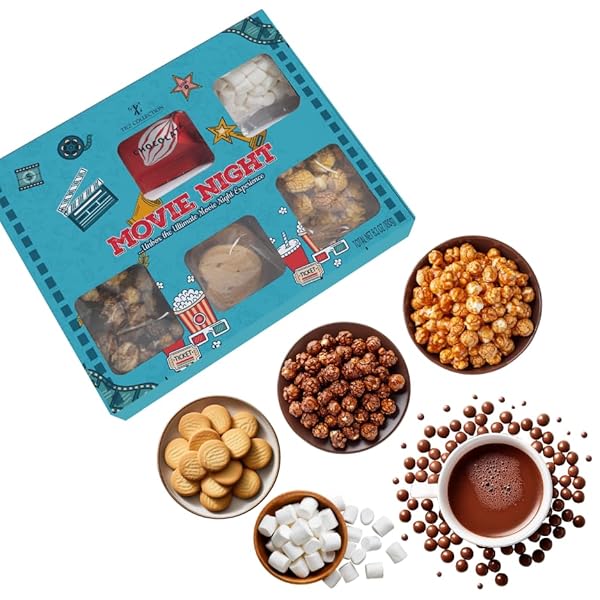 MOVIE NIGHT HAMPER SNACK BOX, MOVIE NIGHT SNACKS, KIDS SWEETS SWEETS GIFT BOX WITH CHOCOLATES, HOT CHOCOLATE, MINI MARSHMALLOWS, CHOCOLATE & CARAMEL POPCORN, BUTTER BISCUITS, GIFTS FOR HER |WOMEN |HIM