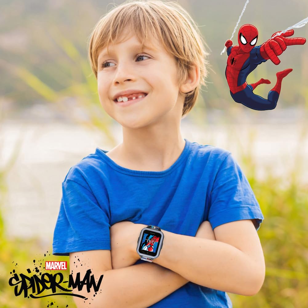 Accutime Marvel Spider-Man Kids Smart Watch with Touchscreen Camera Games Voice Recorder Flashing Bezel Alarm Stopwatch Step Counter Printed Silicone Band Fits Wrist Sizes 5.5” to 8”