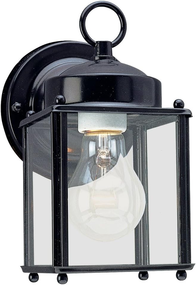 Sea Gull Lighting 8592-12 New Castle One-Light Outdoor Wall Lantern with Clear Glass Panels, Black Finish