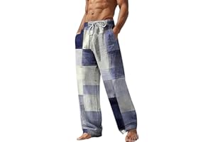 QWENTMTNTY Mens Casual Cotton Linen Pants Elastic Waist Drawstring Baggy Beach Summer Pants Hawaiian Plaid Print Trousers