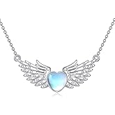 YONFQE Angel Wings Necklace S925 Sterling Silver Heart Pendant moonstone Jewelry Gifts for Men Women