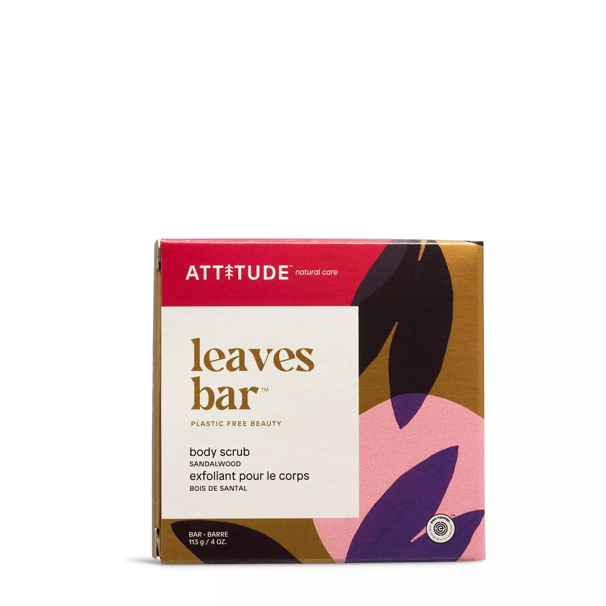 ATTITUDE Body Scrub Bar, Natural Origin, Gentle Exfoliator for Body and Foot, Nourishes and Softens Skin, Bamboo Powder & Shea Butter, EWG Verified & Vegan, Sandalwood, 113 g