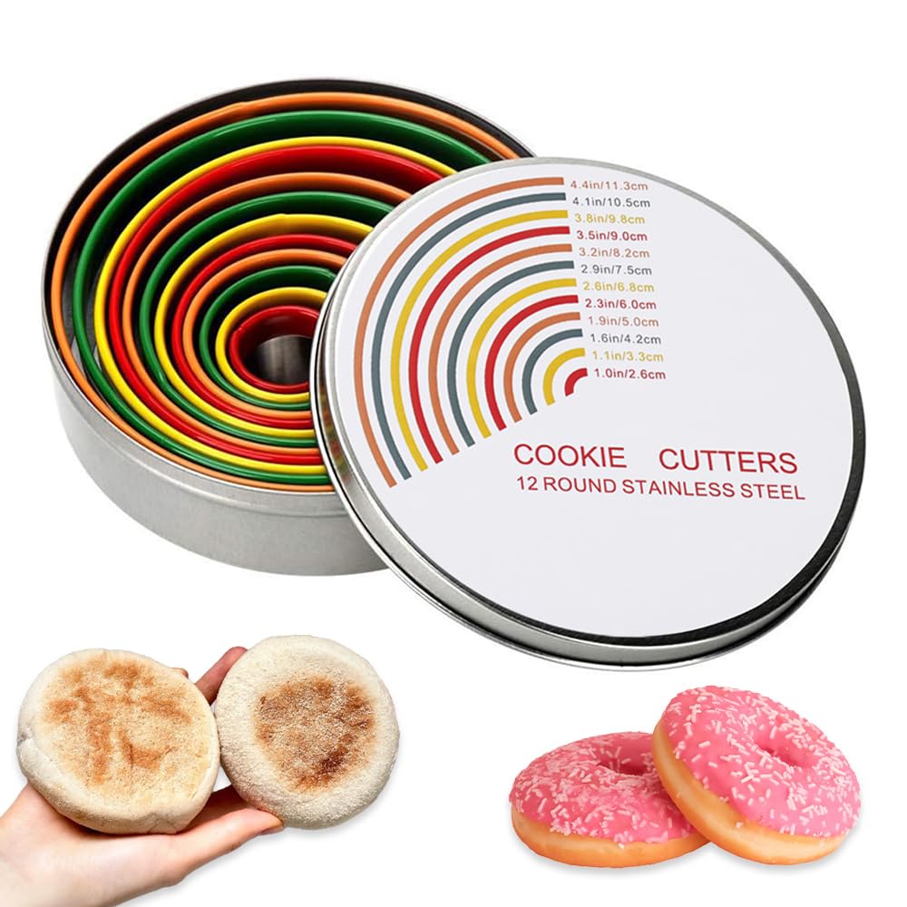 Photo 1 of 12 Pcs Donut Cookie Cutter Set Come With Storage Box,Stainless Steel Circle Round Cookie Cutters for Doughnuts,Biscuit,english muffin,Fondant cutters circles,Pastries,Pudding cutter rings