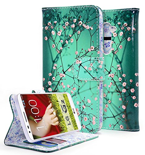 LG G2 Case, NageBee [Kickstand Feature] Premium PU Leather Flip Fold Wallet Case with [ID&Credit Card Slot] for LG G2 (Wallet Plum Blossom)