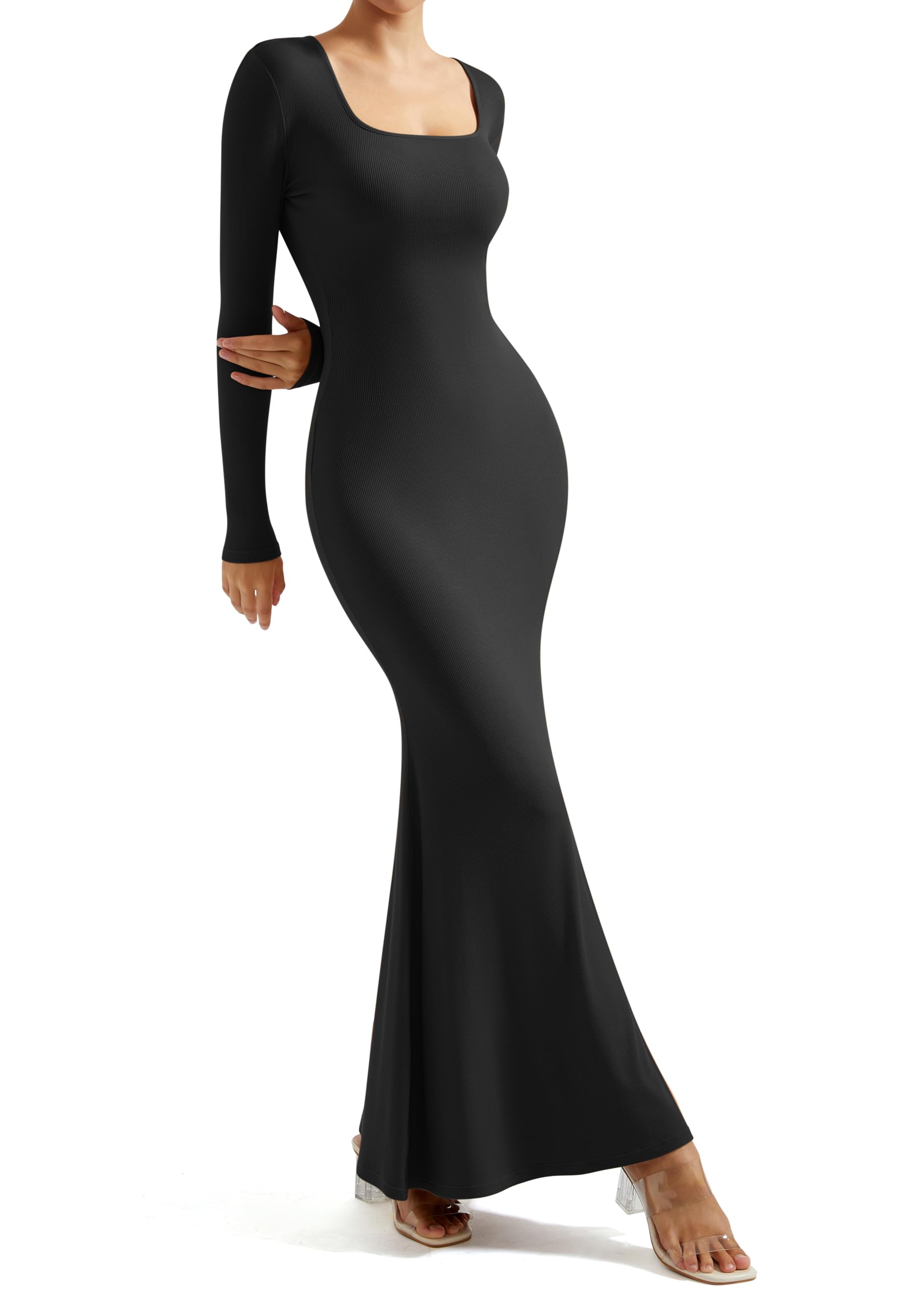 Photo 1 of SUUKSESS Women Ribbed Maxi Long Sleeve Dress Square Neck Sexy Bodycon Dresses (Black,XL)