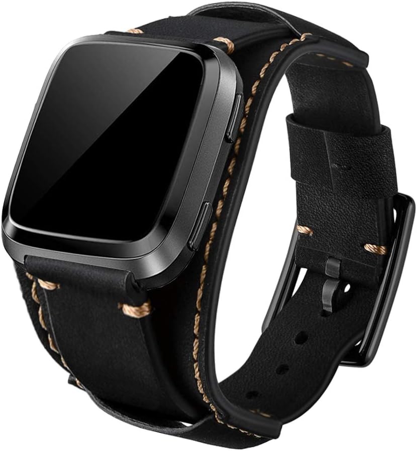 Leotop Compatible with Fitbit Versa/Versa 2/Versa Lite/Versa Special Edition Straps, Genuine Leather Cuff Bracelet Replacement Band Compatible Fitbit Versa Smart Watch for Men Women (Brown)