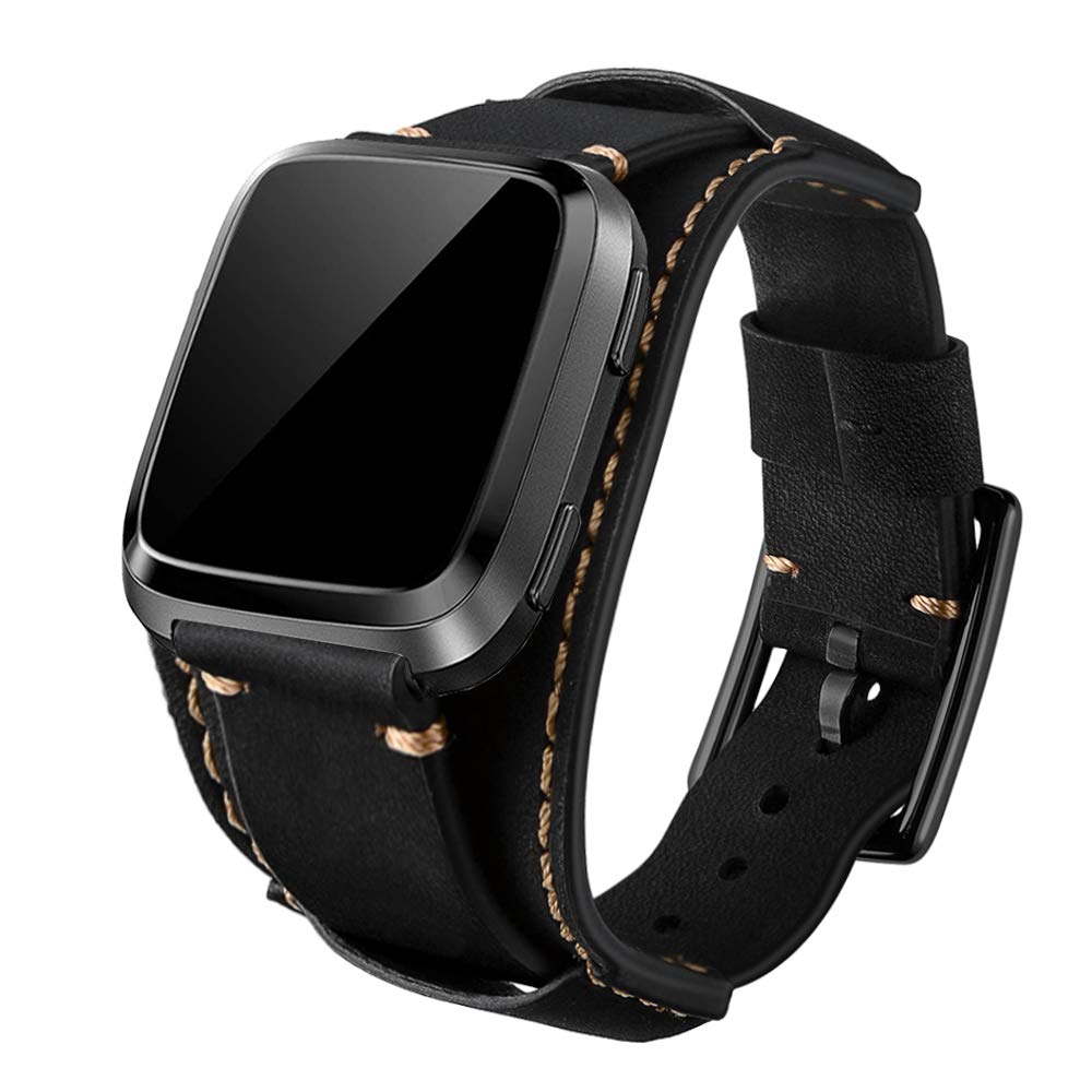 Leotop Compatible with Fitbit Versa/Versa 2/Versa Lite/Versa Special Edition Straps, Genuine Leather Cuff Bracelet Replacement Band Compatible Fitbit Versa Smart Watch for Men Women (Black)