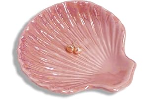 GO2HEJING Shell Shape Ring Holder Dish, Seashell Jewelry Dish Tray, Ceramic Trinket Tray for Rings Earrings Necklaces Bracelet, Birthday Christmas Gift for Mom Friend Sister, 3.9", Pink Iridescent Surface