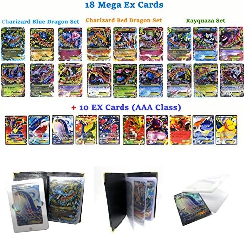 EX Mega Pack of 18 Mega &amp; 10 Rare EX – Charizard Rayquaza Groudon Lucario and etc Flashy Cards English with Cards Wallet and Box Case.