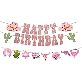 KUNGOON Western Cowgirl Birthday Party Banner, Pink and Rose Gold Glitter, Cactus Theme Decorations, Rodeo Style Party Supplies for Girls Baby Shower.