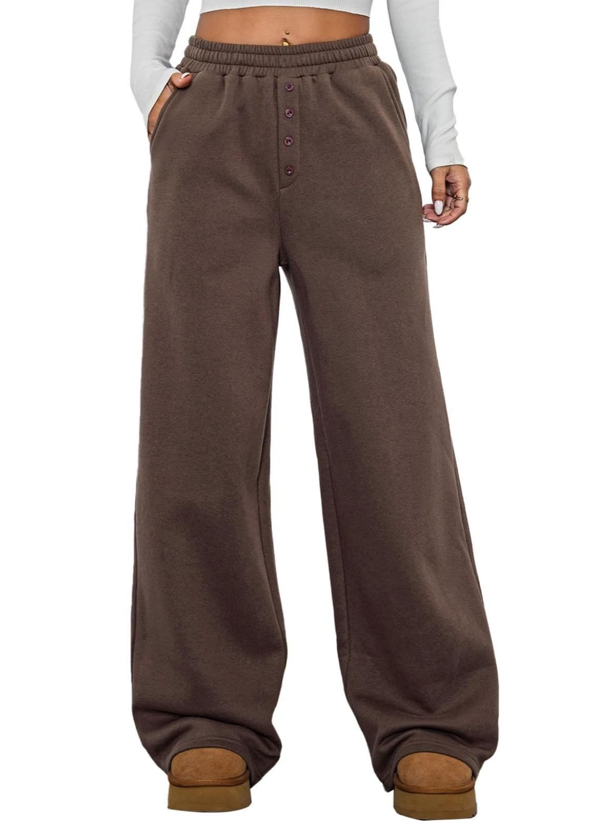 Photo 1 of Aleumdr Women's High Waisted Sweatpants 2025 Fall Trendy Wide Legs Sweat Pants Yoga Lounge Casual Trousers Baggy Jogger Pant Workout Loose Pants with Pockets Dark Brown Medium