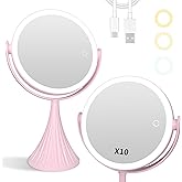 Makeup Mirror with Lights, 1X/10X LED Magnifying Vanity Mirror, HD Lighted Mirror for Desk, 3 Color Lights Adjustable Brightness, 360° Rotation 2-Sided 7.6" Dorm Room Mirror, Valentine's Day Gifts