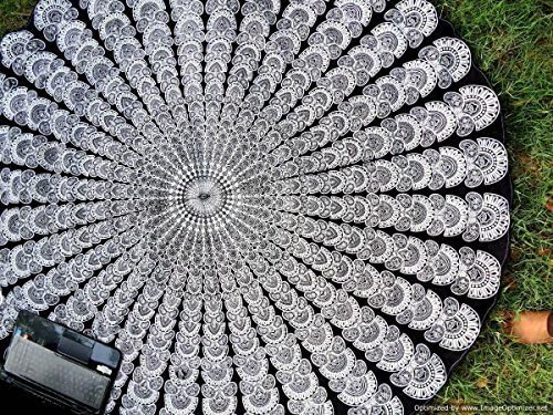 Rajasthancreations Black & White Indian Peacock Mandala Round Roundie Beach Throw Tapestry Hippy Boho Gypsy Cotton Tablecloth Beach Towel