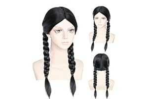 YKYOBFA Wednesday Wig Long Black Braided Wig with Bang Long Straight Black Braided Wig with Bangs Halloween Costumes Cosplay Dress Up