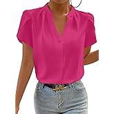Astylish Women's Dressy Notched V Neck Tops Business Work Cap Sleeve Chiffon Blouse Shirts