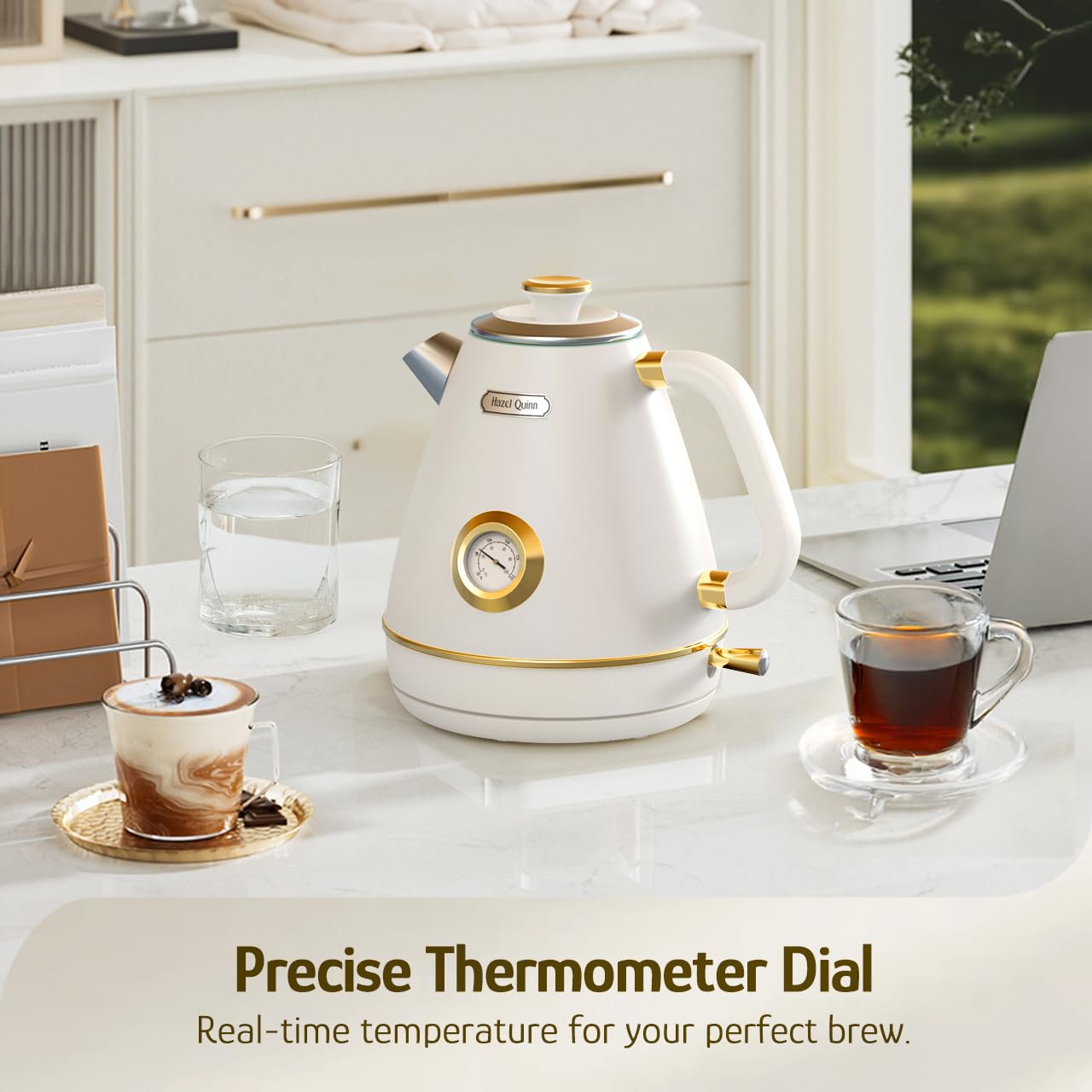 Hazel Quinn Hervidor eléctrico retro - Tetera de 1,7 litros / 57,5 ​​onzas con termómetro, totalmente de acero inoxidable, 1200 vatios de ebullición rápida, sin BPA, inalámbrico, apagado automático - Blanco perla