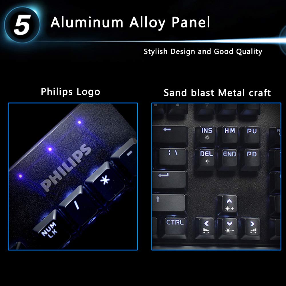 Philips Mechanical Gaming Keyboard Wired Ergonomic Keyboard with Blue Switch, LED Backlit, 9 Cool Switchable Light Effects, Aluminium Alloy Panel (Black)