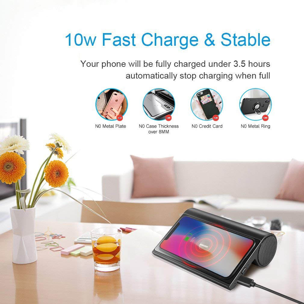 Wireless Charger with Bluetooth Speaker 4.0, 10W Portable Wireless Charger Stand Pad with Speaker for iPhone X/8/8 Plus, Samsung Galaxy Note 8 S9 Plus S8 Plus S7 Edge S6 Edge, LG G6 v30