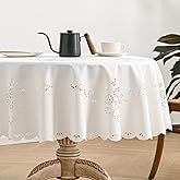 Wracra Macrame Waterproof Table Cloth, Farmhouse Linen Style Round Table Cover, Wrinkle Resistant Washable Indoor Outdoor Table Cloth (White, Round 55")