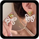 Allereyae Boho Pearl Bow Dangle Earrings Pearl Bowknot Earring Gold Heart Stud Earrings Love Heart Earring Jewelry for Women