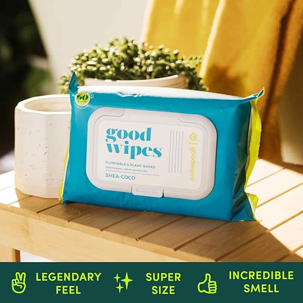 GOODWIPES FLUSHABLE & PLANT-BASED WIPES WITH BOTANICALS | DISPENSER FOR AT-HOME USE | SHEA-COCO WITH ALOE SEPTIC AND SEWER SAFE | 60 COUNT (1 PACK) – BIGGEST ADULT WIPES