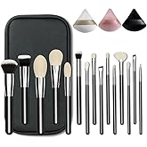 Professional Natural Travel Goat Hair Makeup Brushes with case, 15Pcs Kabuki Face Powder & Eye Makeup Brush set With Ultra Soft Premium Dense Hair, Valentines Day Gifts (Black)