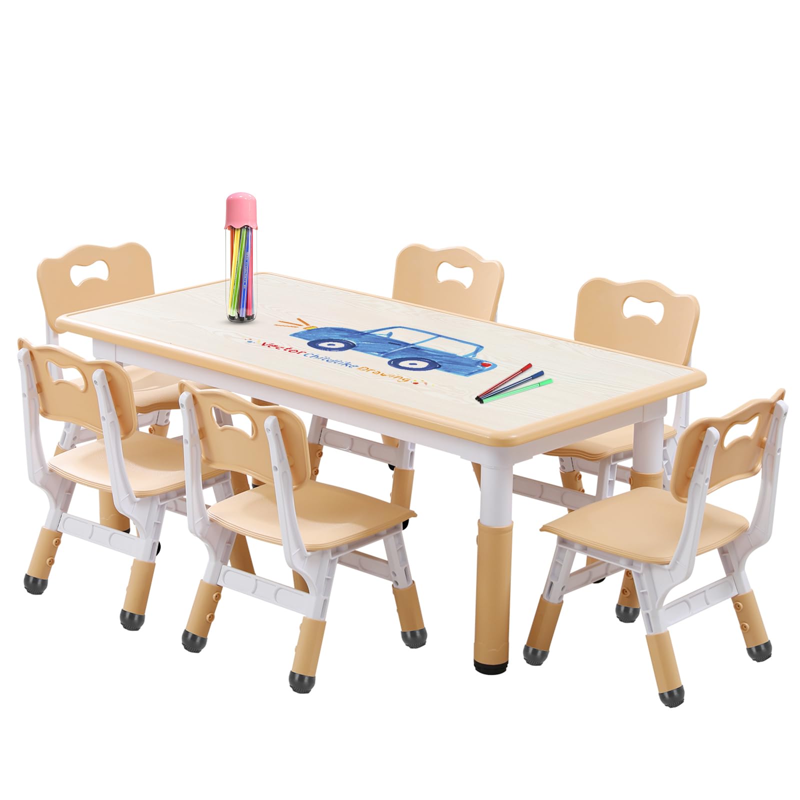 Photo 1 of Kids Table and Chairs Set, Height Adjustable Desk With 6 Seats for Ages 3-12,Arts & Crafts Table,Graffiti Desktop, Non-Slip Legs, Max 300lbs, Children Multi-Activity Table for Classrooms,Daycares,Home