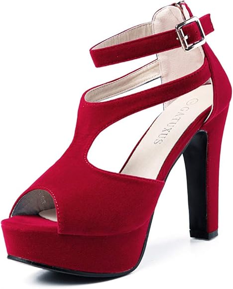 red chunky heel pumps