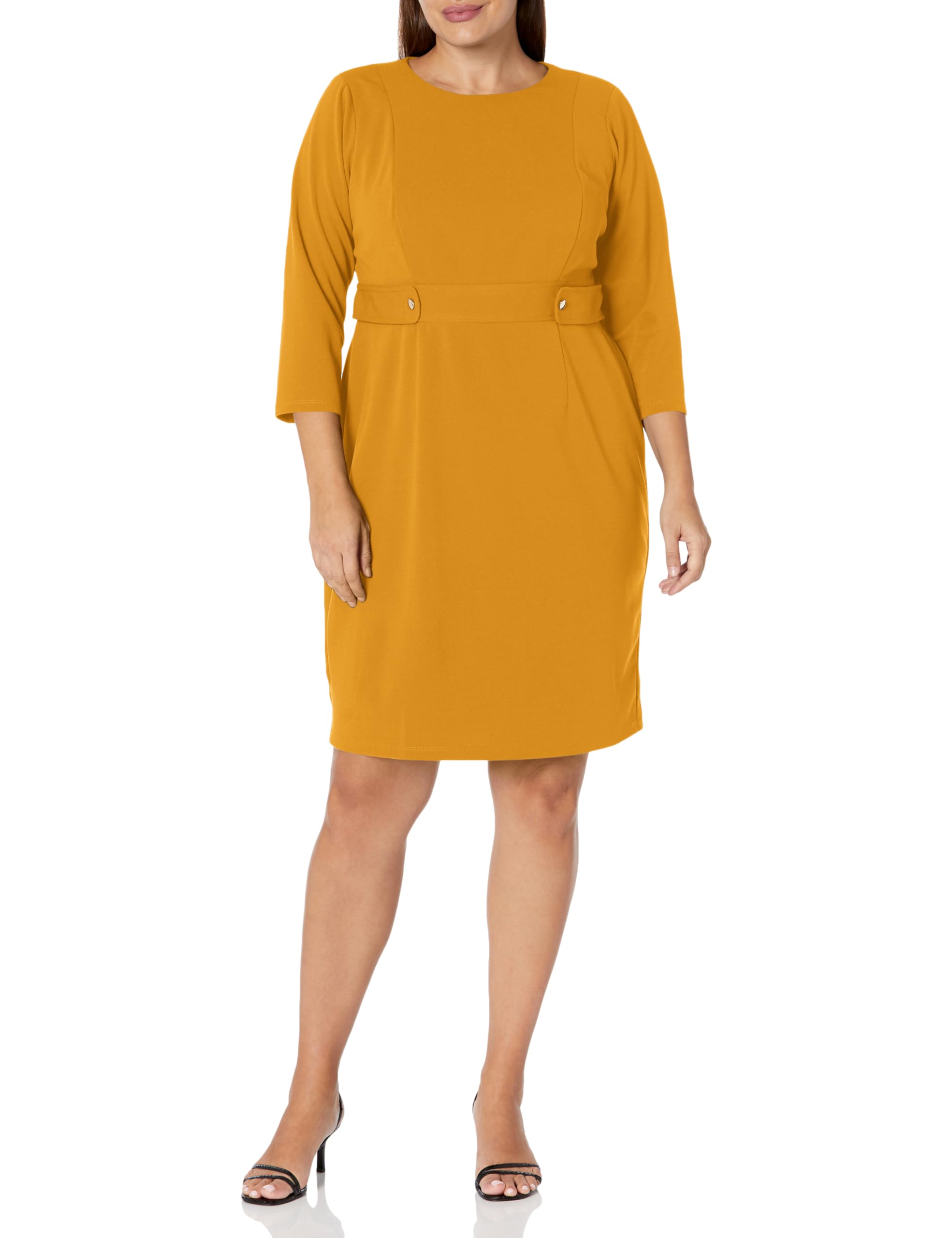 London Times Women’s Plus Size Work Office Business Sheath Dress with Button Waist Detail, Tawny Olive