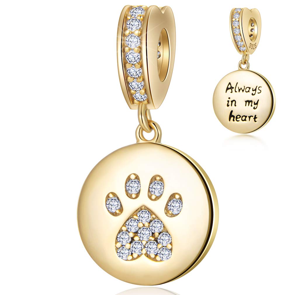 Always in My Heart, Sparkling Paw Print Charm, 925 Sterling Silver Dog Cat Dangle Beads with CZ Stones Compatiable with Pandora Charm Bracelet, Necklace, Gift for Women/Wife/Mother/Pet Lover