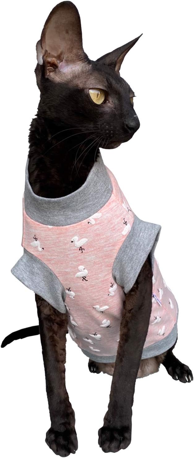 Kotomoda Hairless Cat's cotton stretch T-shirt Small Flamingo for Sphynx Cats (M) - Image 5