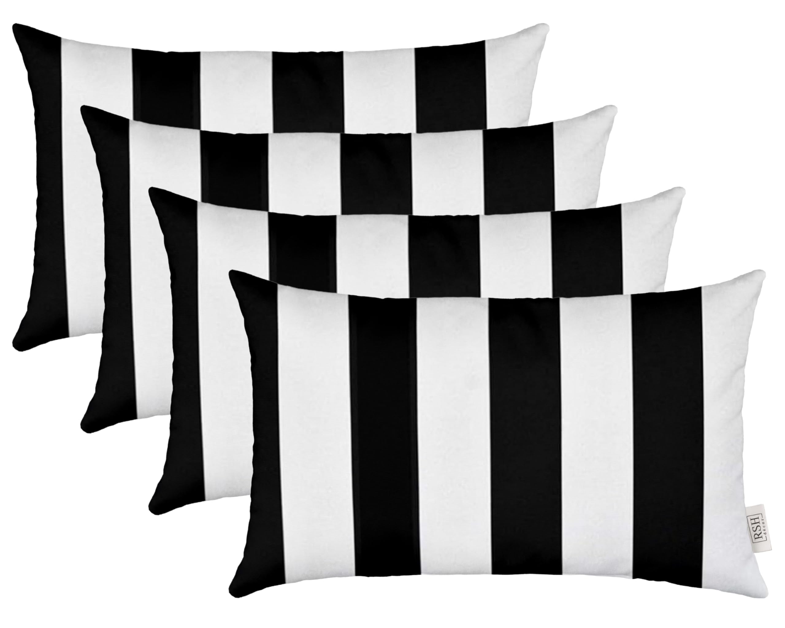 RSH Décor Jumbo Lumbar Pillow Covers – Set of 4 | 26" x 16" | for Outdoor Patio, Lounge, Adirondack, Deck | Water & Fade-Resistant | Black & White Stripe | Includes Down-Alternative Inserts Image