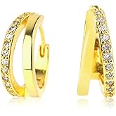 Double Hoop Earrings for Women, Small Mini Tiny Huggie Hoops with Cubic Zirconia Dainty Double Piercing Ring Twist Spiral Earrings Gold Jewelry (Golden)